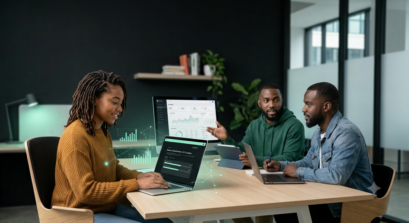 Diverse African learners using laptops in a modern learning environment